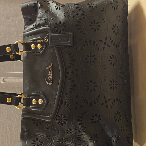Coach Black Floral Cutout Leather Bag - Picture 2 of 11